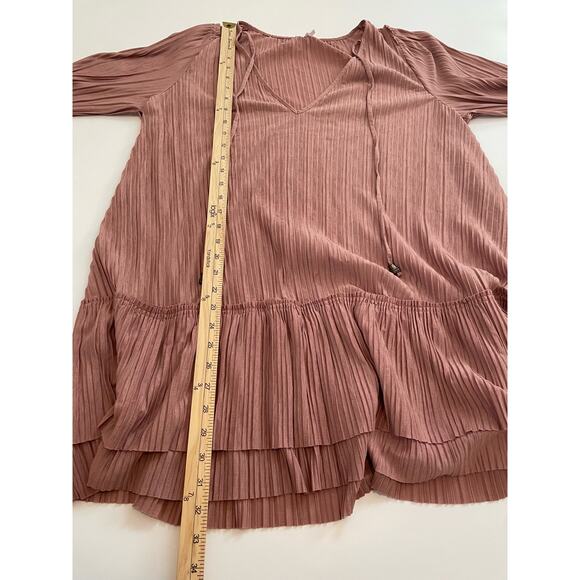 Free People Size S Can't Help It Mini Dress Pink V-Neck Tiered Skirt Bell Sleeve - Picture 7 of 8